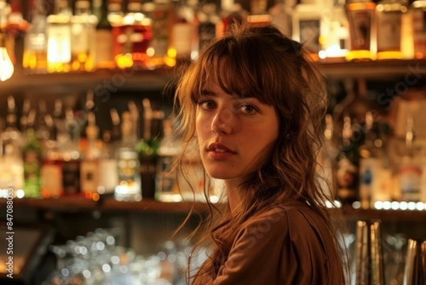 Fototapeta Thoughtful young woman poses at a dimly lit bar, surrounded by bottles
