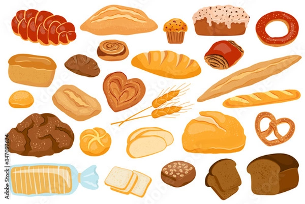 Fototapeta Big set vector bread products Template page design food with bakery food Rye bread and pretzel, muffin, pita, ciabatta, wheat and whole grain bread, variety buns, toast bread, baguette for menu bakery