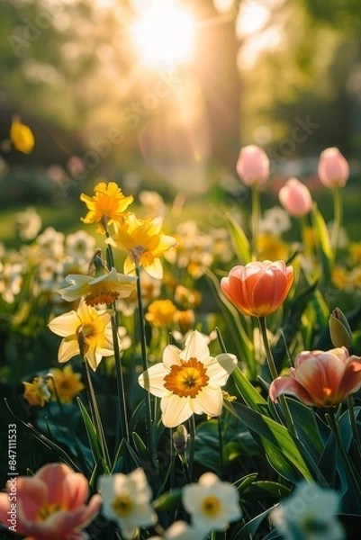 Fototapeta wonderful spring daffodils in the garden in the sun