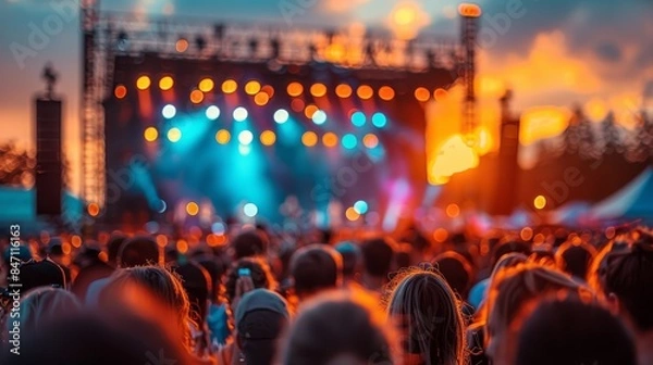 Fototapeta Vibrant music festival stage with psychedelic patterns, energetic crowd dancing at sunset