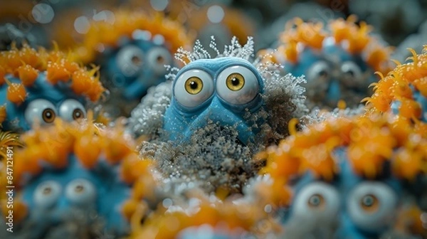 Fototapeta Close up view of menacing cartoon microbes infesting a dirty and grimy carpet surface