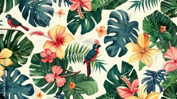 Fototapeta Exotic summer pattern with tropical leaves flowers and birds in a hand drawn style for surface design