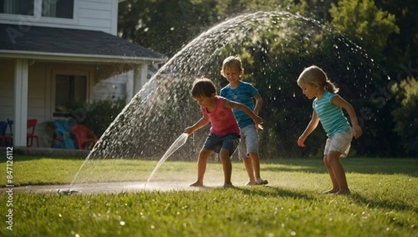 Obraz lively scene of children playing in a sprinkler on a hot day