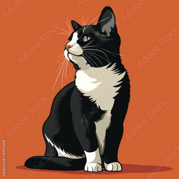 Fototapeta Black white tuxedo cat illustration looking side, whiskers prominent. Detailed fur texture, sharp contrast, orange background. Artistic rendering seated domestic cat, expressive eyes