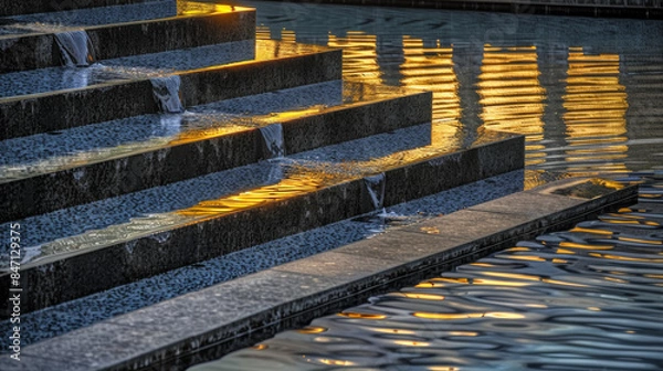 Obraz illuminated cascading water steps at sunset