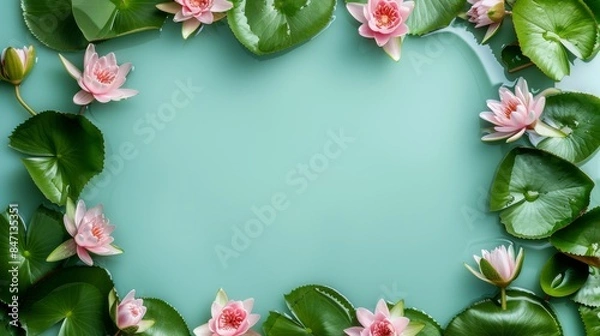 Fototapeta Beautiful water lily flowers and green lily pads arranged in a frame on turquoise background