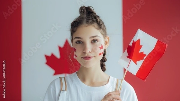 Fototapeta Portrait of a young woman holding a maple leaf and Canada flag, portraying patriotism on Independence Day, with an empty red and white background