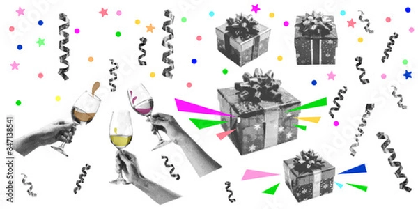Fototapeta Set of contemporary cut out elements of halftone collage. Concept Festive Celebration With Wine and Gifts During Party. Hands Toasting Wine Glasses and Gifts. Ready to use elements for your design