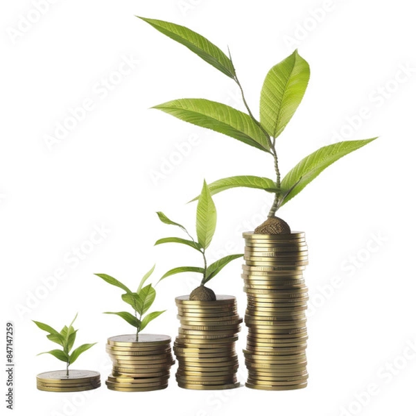 Fototapeta Money Tree Sprouting from Coins - Symbolic Savings Growth in 3D Illustration