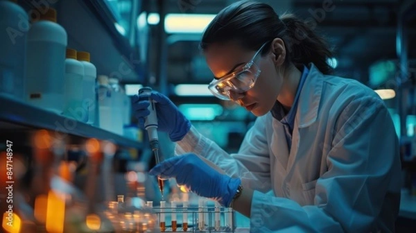 Fototapeta Doctor testing in medical lab with ambient light