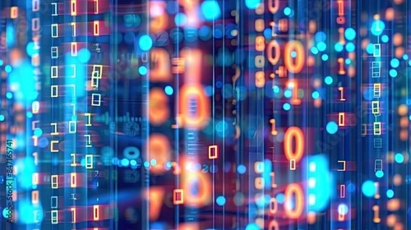 Fototapeta digital data technology with binary code and a network of digital particles on a dark blue backdrop, conveying a futuristic cyberspace concept for web design or cyber security. SEAMLESS PATTERN