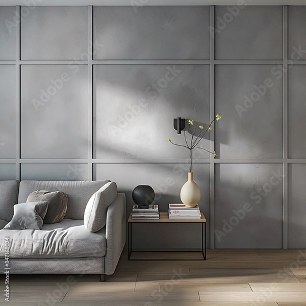 Fototapeta Aesthetic elegant minimalist interior design. Concrete effect paint in the room. Decorative stucco and moldings on the walls. Copy space. Clean apartment for decoration. Japandi, scandi style.