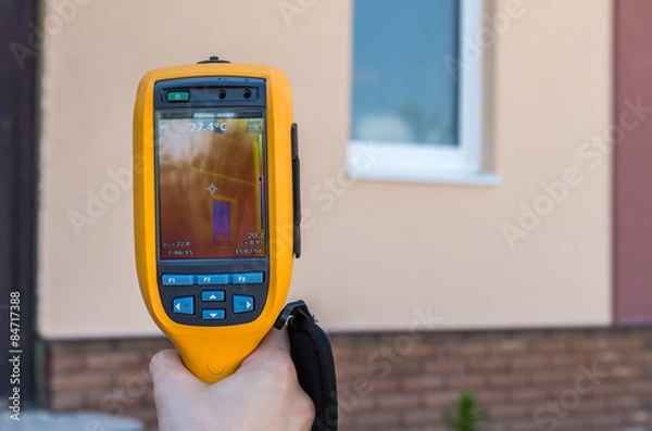 Obraz Man inspect house window with thermal imaging camera