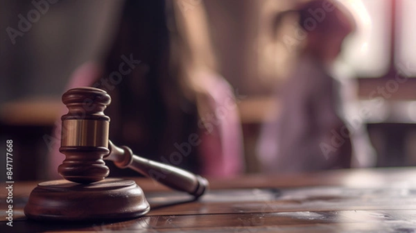Fototapeta Close up of a legal judges hammer with a blurred child in the background. Child custody concept