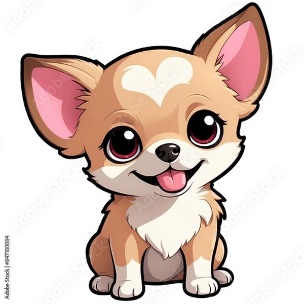Fototapeta Cute Childish Kawaii Chihuahua Dog Character Sticker Sitting with Head Tilted, Rich Caramel Fur, Round Eyes, Pink Tongue, Red Collar with Tag, Thick Black Outline, Generative AI.
