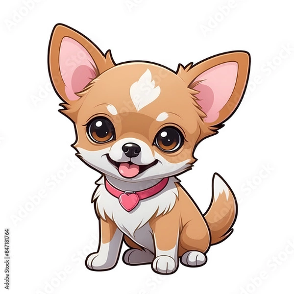 Fototapeta Cute Childish Kawaii Chihuahua Dog Character Sticker Sitting with Head Tilted, Rich Caramel Fur, Round Eyes, Pink Tongue, Red Collar with Tag, Thick Black Outline, Generative AI.