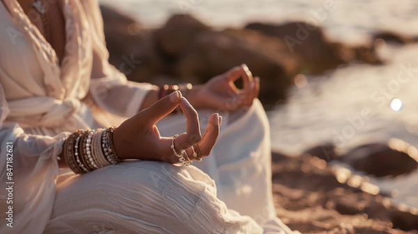 Fototapeta Close-up of the hands of a girl dressed in boho style. Prayer or meditation on the ocean shore.