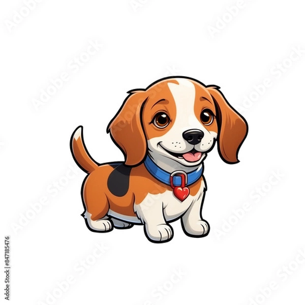 Fototapeta Cute Childish Kawaii Street Dog Puppy Character Sticker Standing with Big Round Eyes, Patchy Fur, and Playful Expression, Thick Black Outline, Thick White Offset, Generative AI.