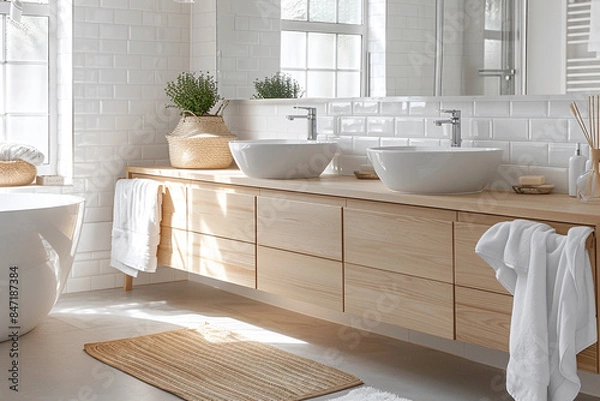 Fototapeta A bathroom with a Scandinavian design, featuring light wood, white walls, and minimalist fixtures.