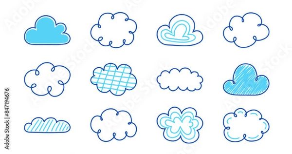 Fototapeta Set with hand drawn cloud icons. Vector illustration