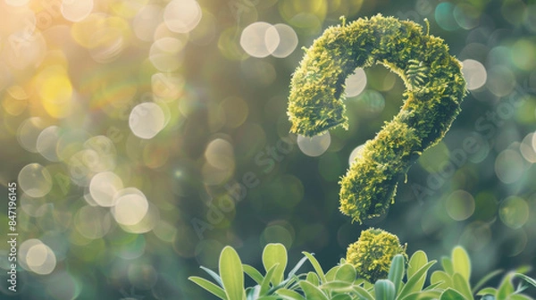 Obraz Green question mark made of moss in a natural blurred background setting