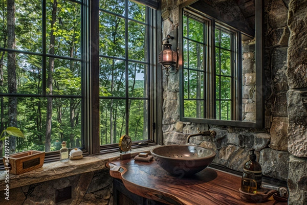 Fototapeta A rustic bathroom with stone walls, a wooden countertop with a vessel sink, and a large window overlooking a forest.