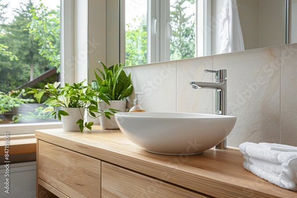 Fototapeta A Scandinavian-style bathroom with light wood finishes, a white vessel sink, and a large window bringing in natural light.