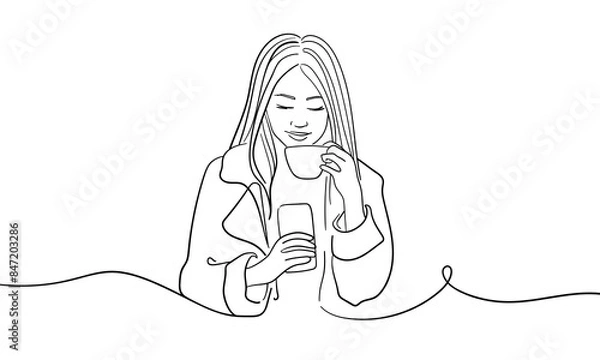 Fototapeta Girl drinks coffee and enjoys continuous line art drawing isolated on white background. Vector illustration