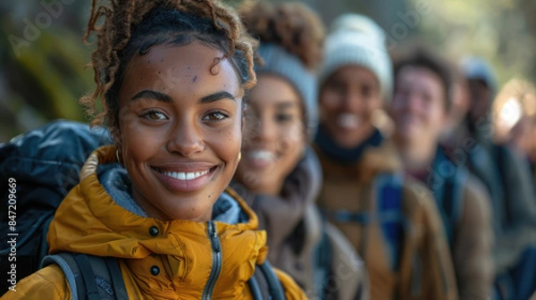 Fototapeta A group of friends of various ethnicities and abilities participating in an outdoor activity, such as hiking or playing sports