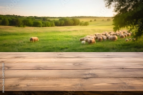 Fototapeta The empty wooden brown table top with blur background of sheep pasture. Exuberant image.