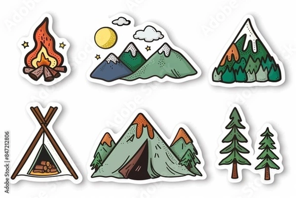 Obraz 6 stickers of mountains and camping travel theme is cutting on the white background