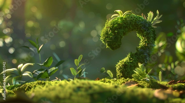 Obraz Moss-covered question mark in a lush green forest with sunlight filtering through foliage