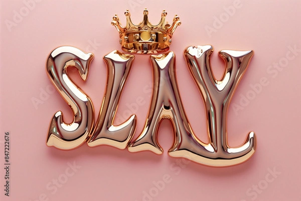 Fototapeta Glossy Gold "Slay" Text with Crown on Pink Background, Empowerment and Confidence Concept
