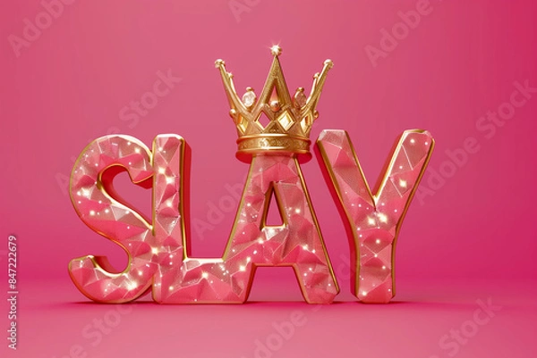 Fototapeta Glossy Gold "Slay" Text with Crown on Pink Background, Empowerment and Confidence Concept
