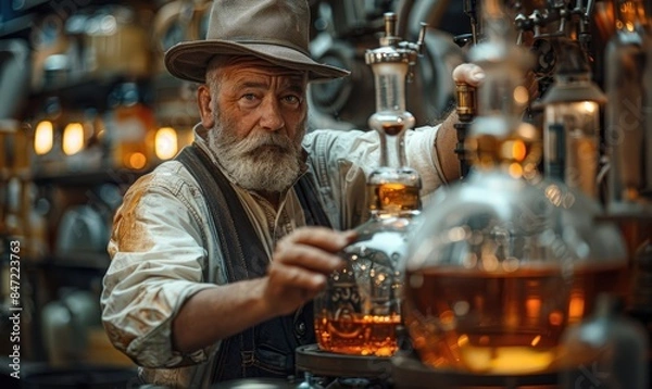 Fototapeta A master distiller at a distilling factory in action
