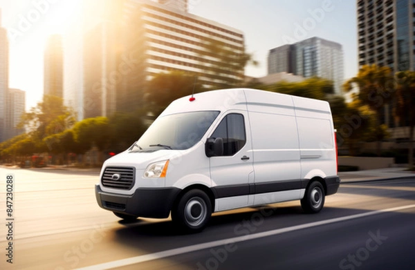 Fototapeta A bustling city scene featuring a delivery van on the road, providing an ideal mock-up for showcasing a commercial cargo company's services.