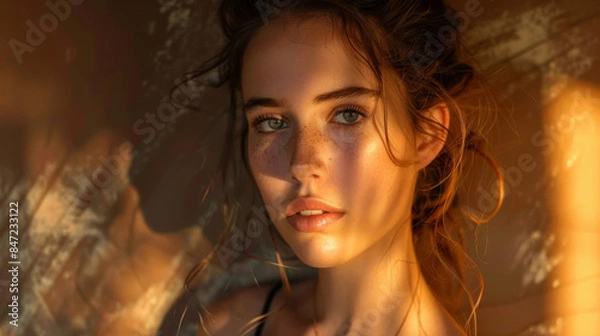 Fototapeta A woman bathed in golden sunlight her eyes gleaming with a serene intensity