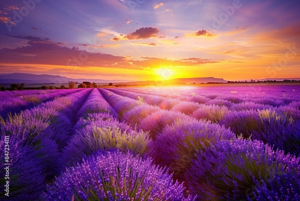 Obraz Breathtaking sunset scenery of a magnificent french lavender field in its full vibrant bloom.