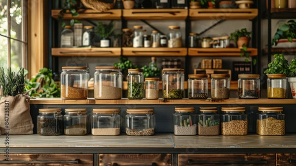 Fototapeta A modern kitchen with reusable containers, cloth bags, and zero-waste products prominently displayed