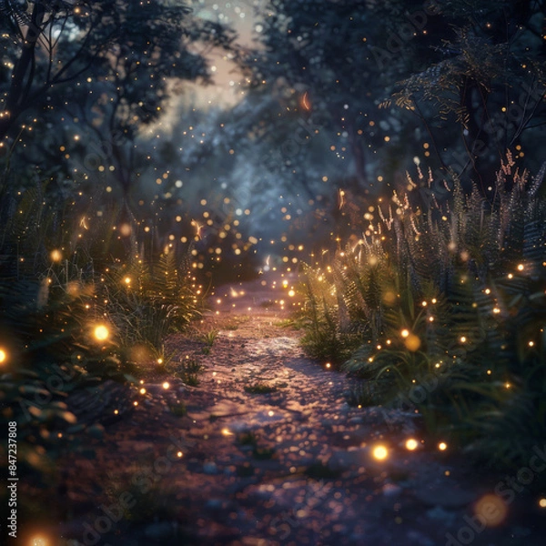 Fototapeta Mystical 4th of July Walk Way Night Path Fireflies 4K Detail, Hyperrealistic 