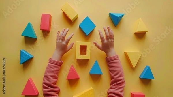 Fototapeta Colorful Geometric Shapes on Yellow Background with Hands