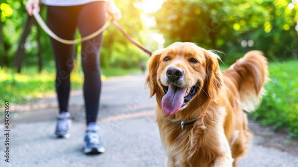 Obraz person walking dog on leash in park