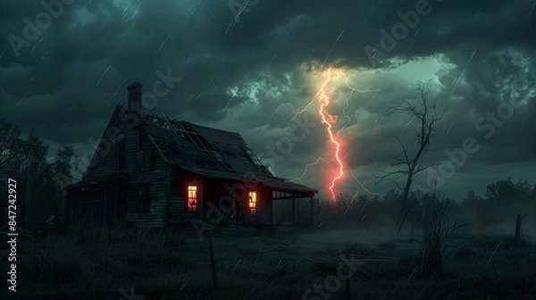 Fototapeta Farm House During a Lightning Storm