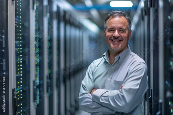 Fototapeta Engineer Standing and Posing with Crossed Arms in the Middle of a Working Data Center Server Room with Server Computers Working on a Rack. Generative AI