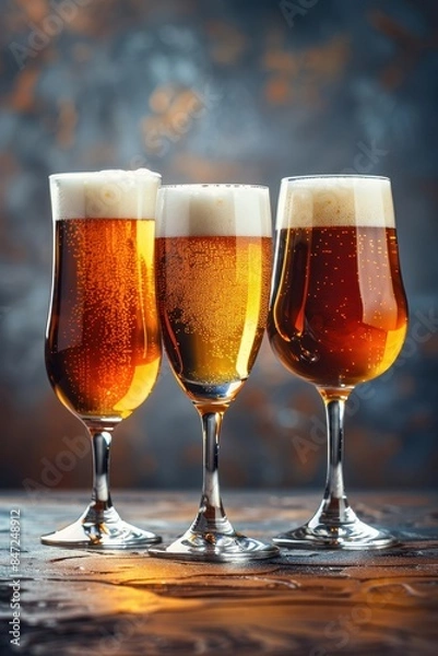 Fototapeta Three glasses of beer with frothy heads on a blurred, cozy background. Perfect for illustrating beverages and bar scenes.