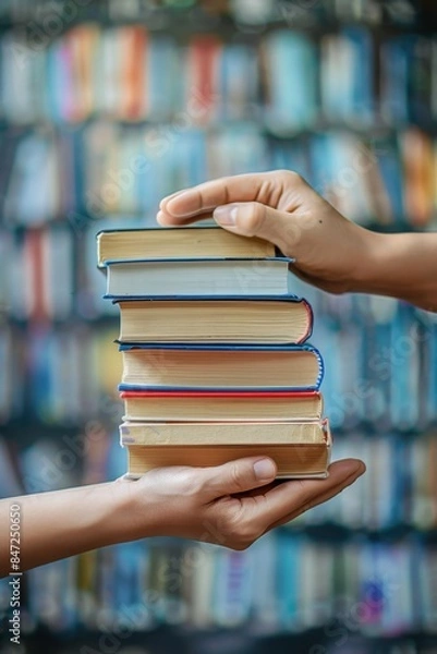 Fototapeta Close-up of hands passing a stack of books against a blurred bookshelf background, symbolizing knowledge sharing and book exchange.