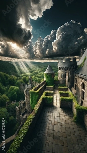 Obraz Enchanting castle under dramatic skies at dusk.