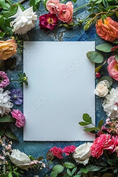 Fototapeta A Blank canvas surrounded by flowers and craft materials in a creative flat lay