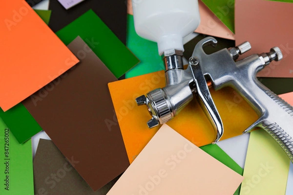 Fototapeta a paint spray gun at work at the workplace in the workshop. Paint samples.