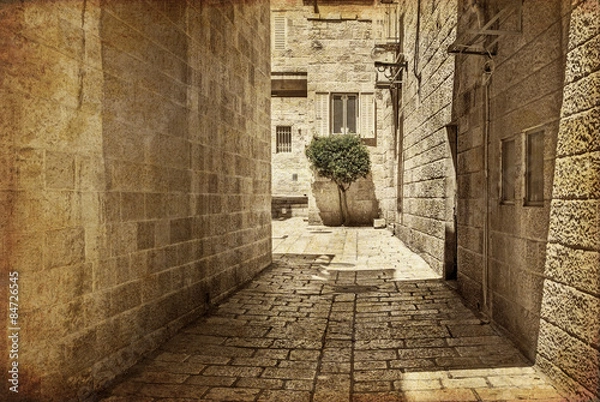 Obraz Ancient Alley in Jewish Quarter, Jerusalem. Photo in old color image style.